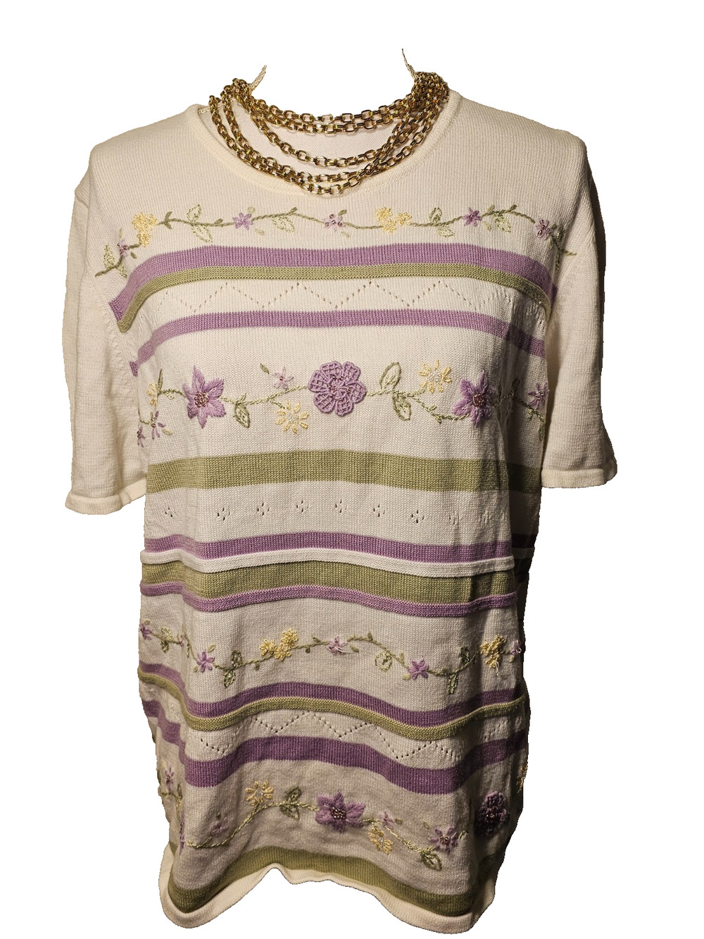 Alfred Dunner Womens Floral Stripe Beaded Embroidered Short Sleeve Sweater Large